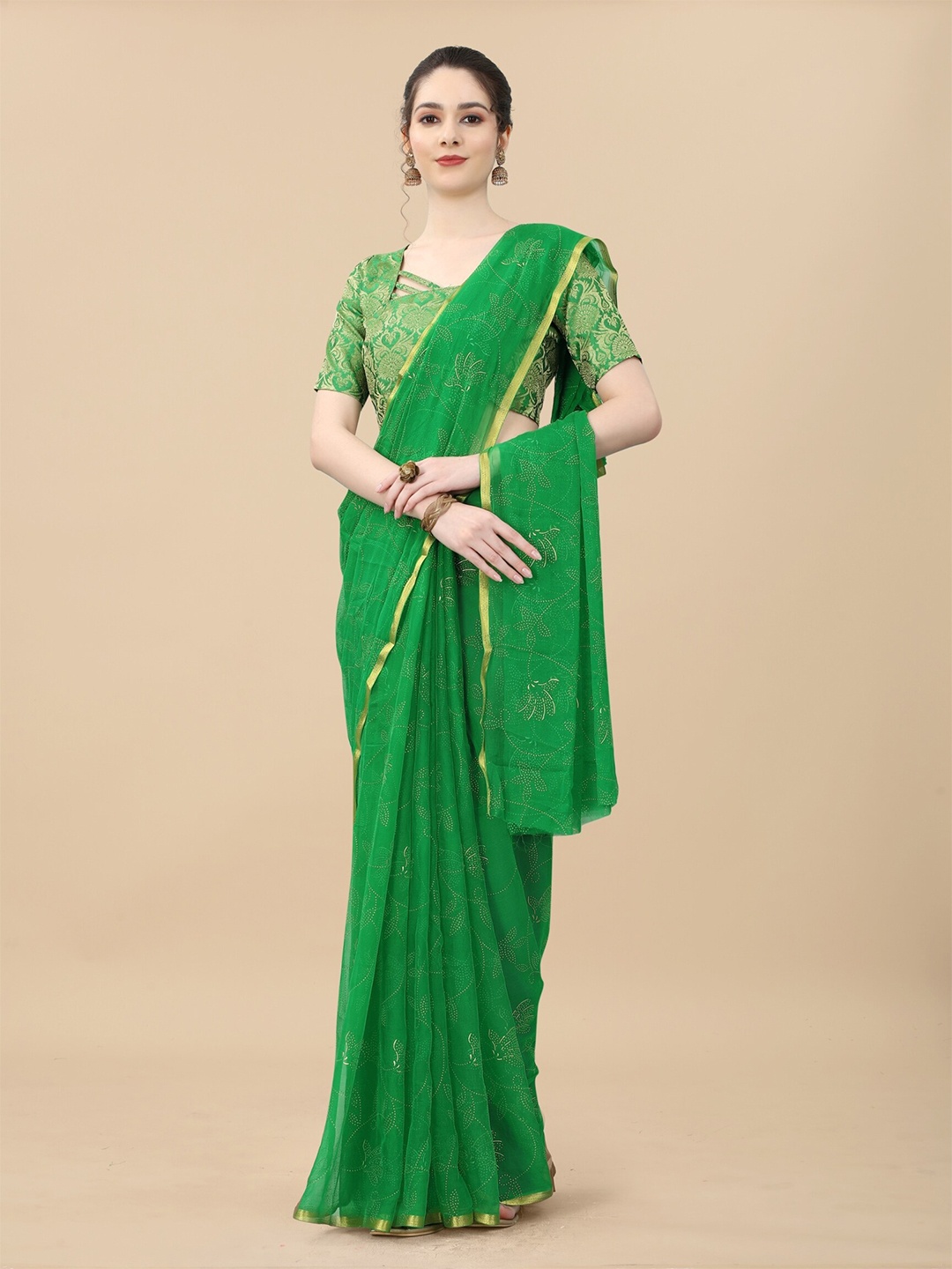 

Rhey Floral Printed Zari Saree, Green
