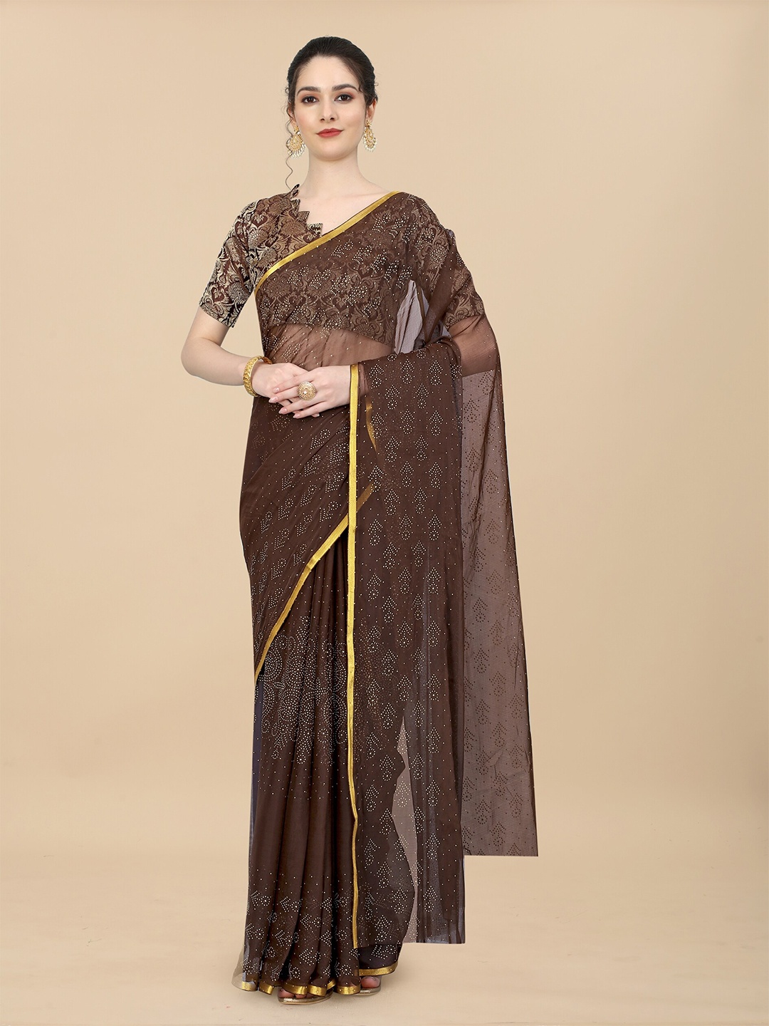 

Rhey Ethnic Motifs Printed Zari Saree, Brown