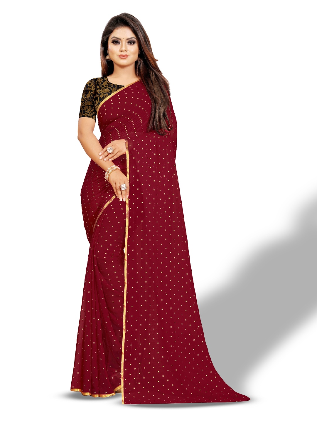 

Rhey Geometric Printed Zari Festive Saree, Maroon