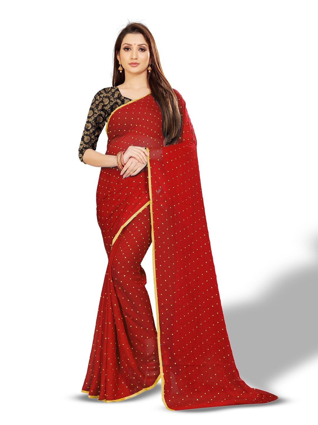 

Rhey Geometric Printed Zari Festive Saree, Red