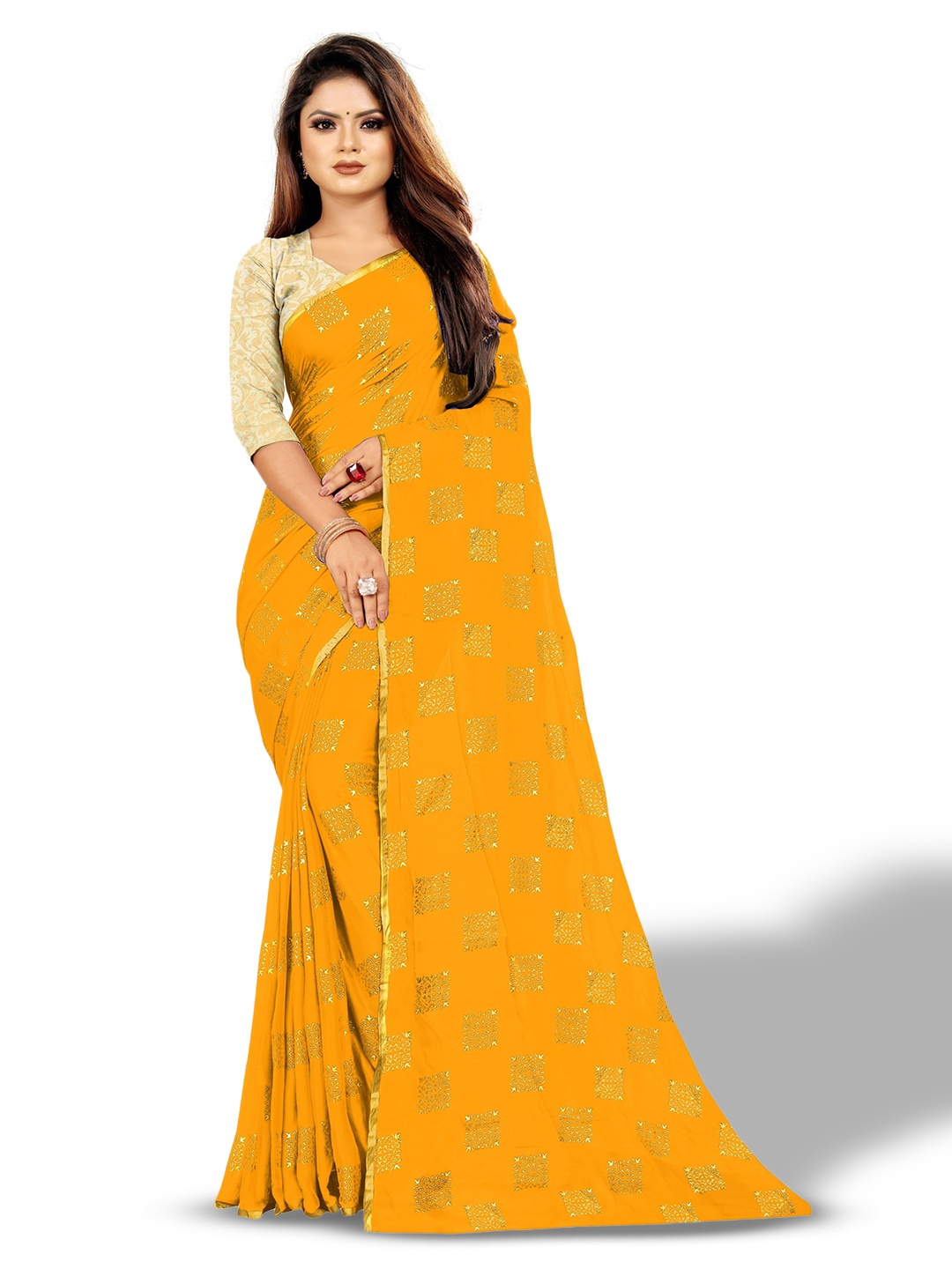 

Rhey Ethnic Motifs Printed Zari Festive Saree, Yellow