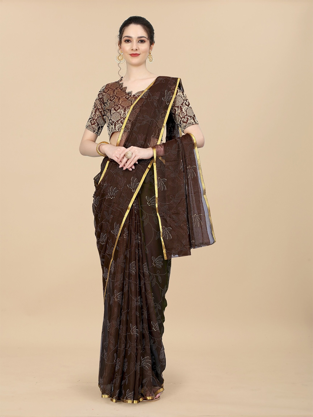 

Rhey Floral Printed Zari Festive Saree, Brown