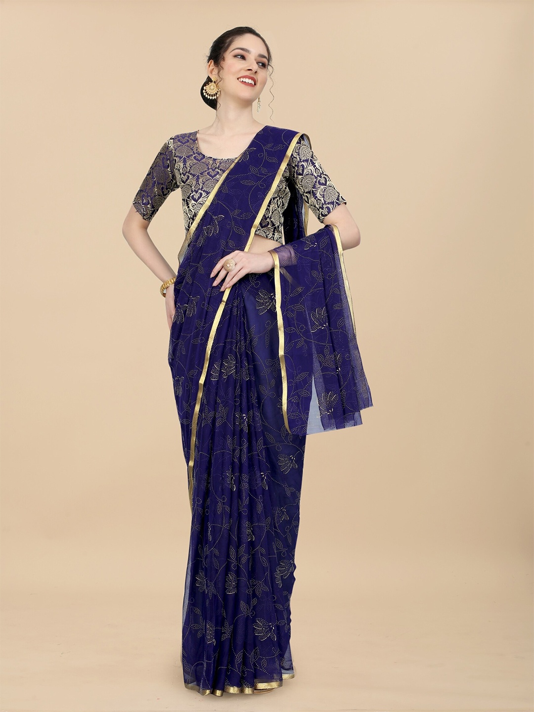 

Rhey Floral Printed Zari Festive Saree, Navy blue