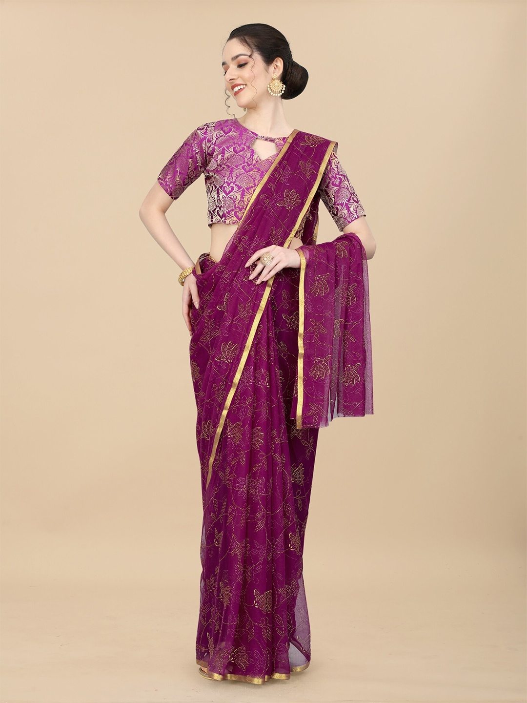 

Rhey Floral Printed Zari Festive Saree, Purple