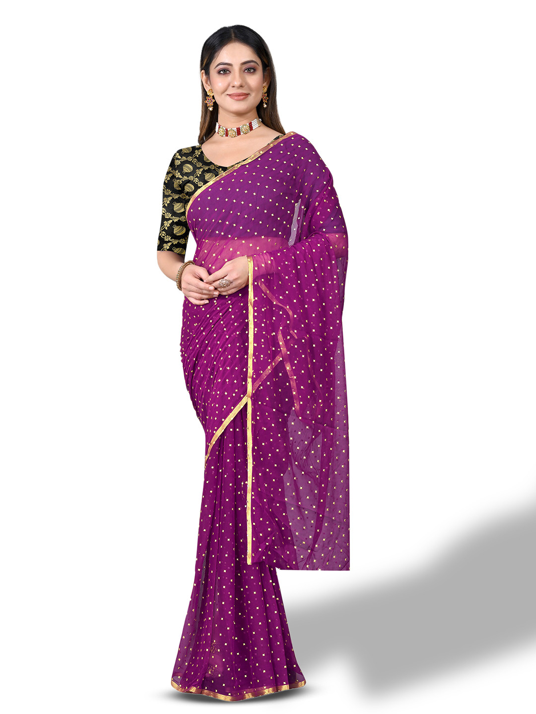 

Rhey Geometric Printed Zari Festive Saree, Purple