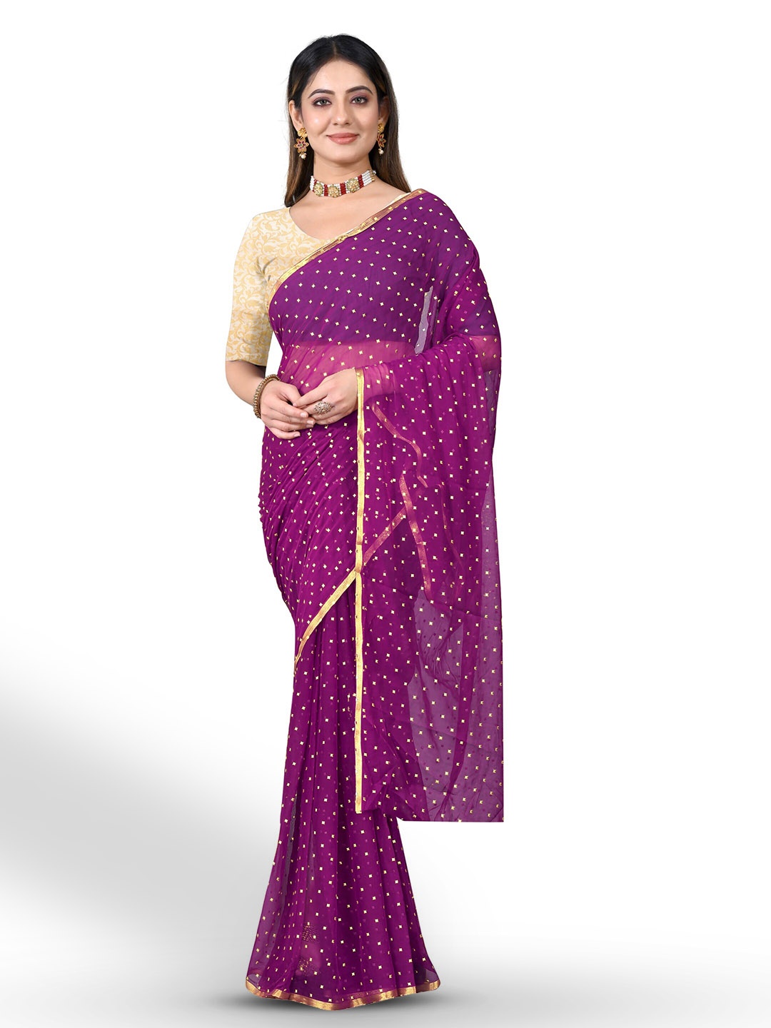 

Rhey Geometric Printed Zari Festive Saree, Purple