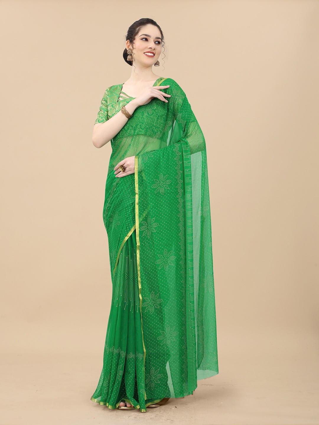 

Rhey Floral Printed Zari Festival Saree, Green
