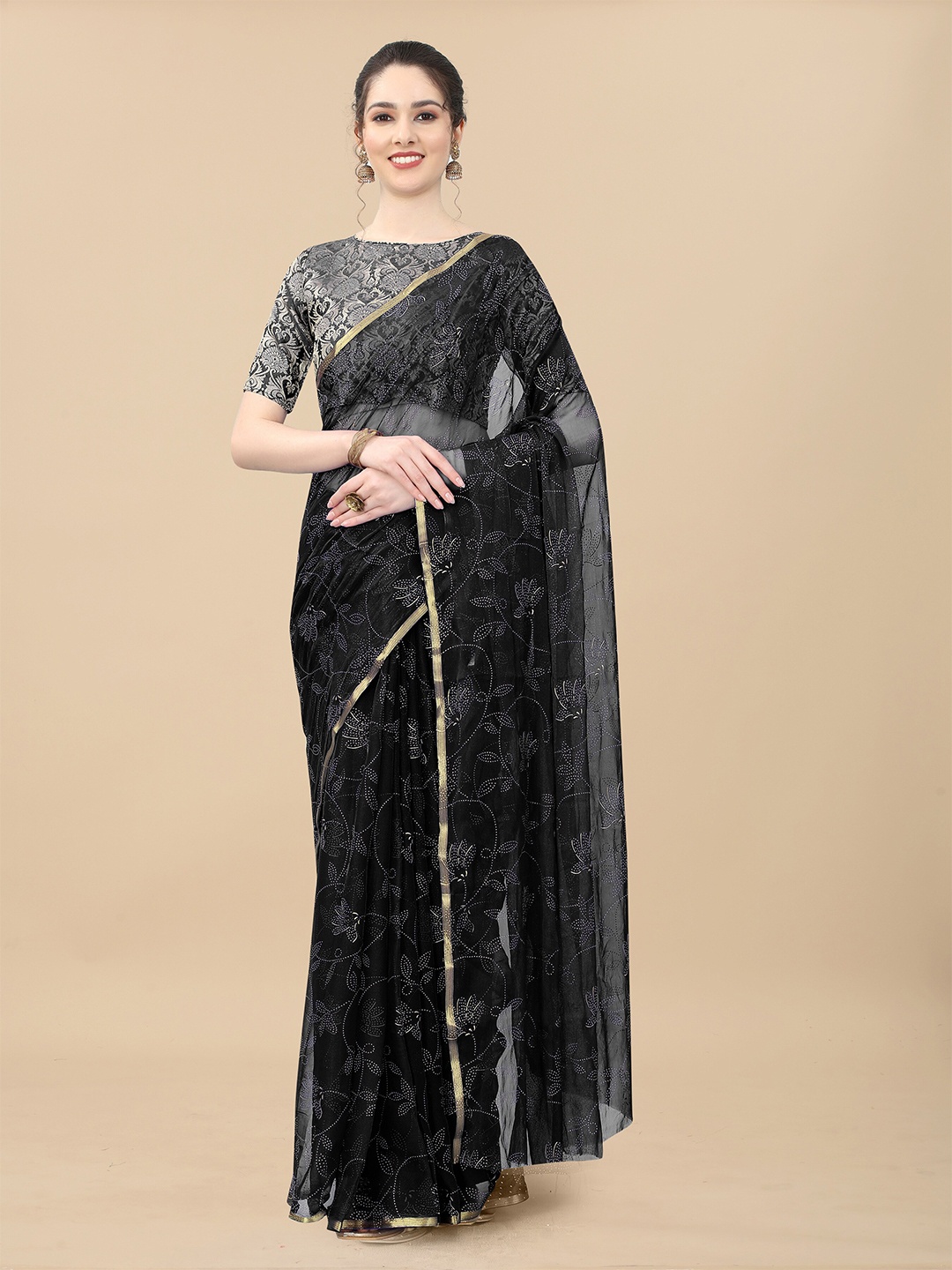 

Rhey Floral Printed Zari Festive Saree, Black