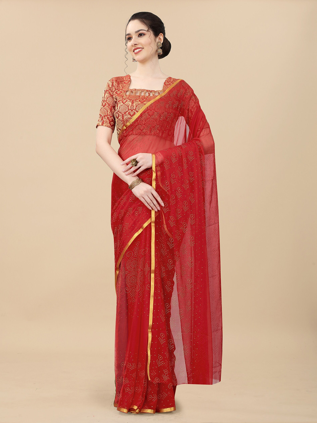 

Rhey Floral Printed Zari Festive Saree, Red