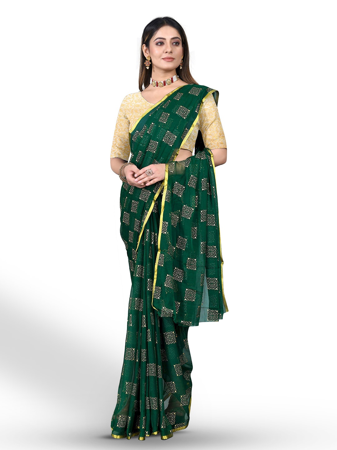 

Rhey Ethnic Motifs Printed Zari Festive Saree, Green