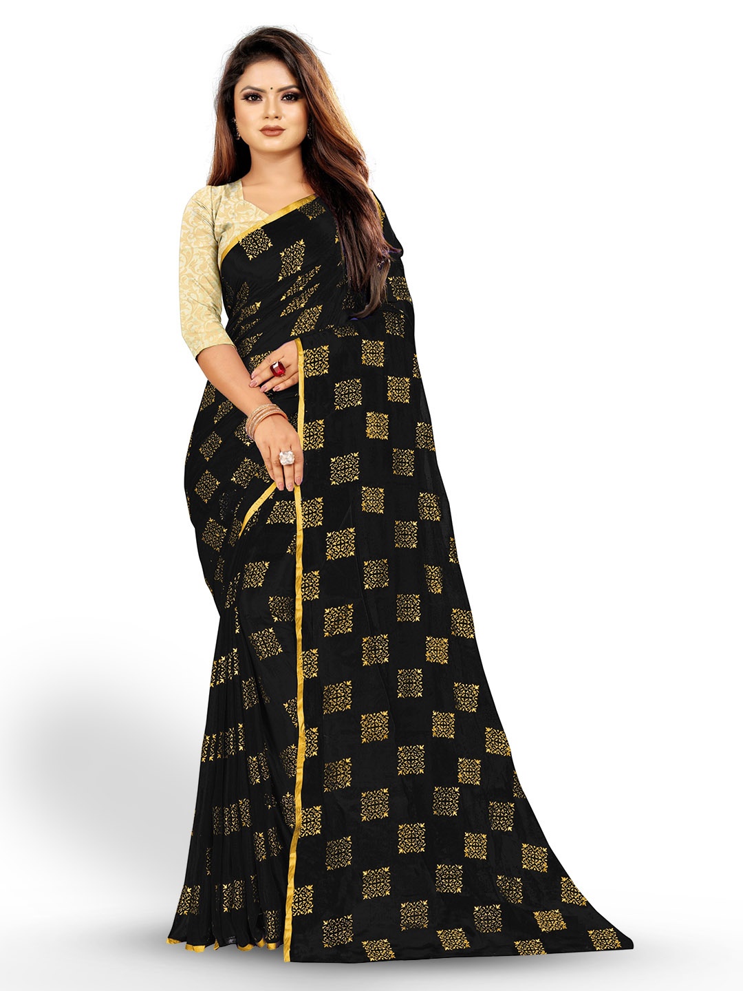 

Rhey Ethnic Motifs Printed Zari Festive Saree, Black