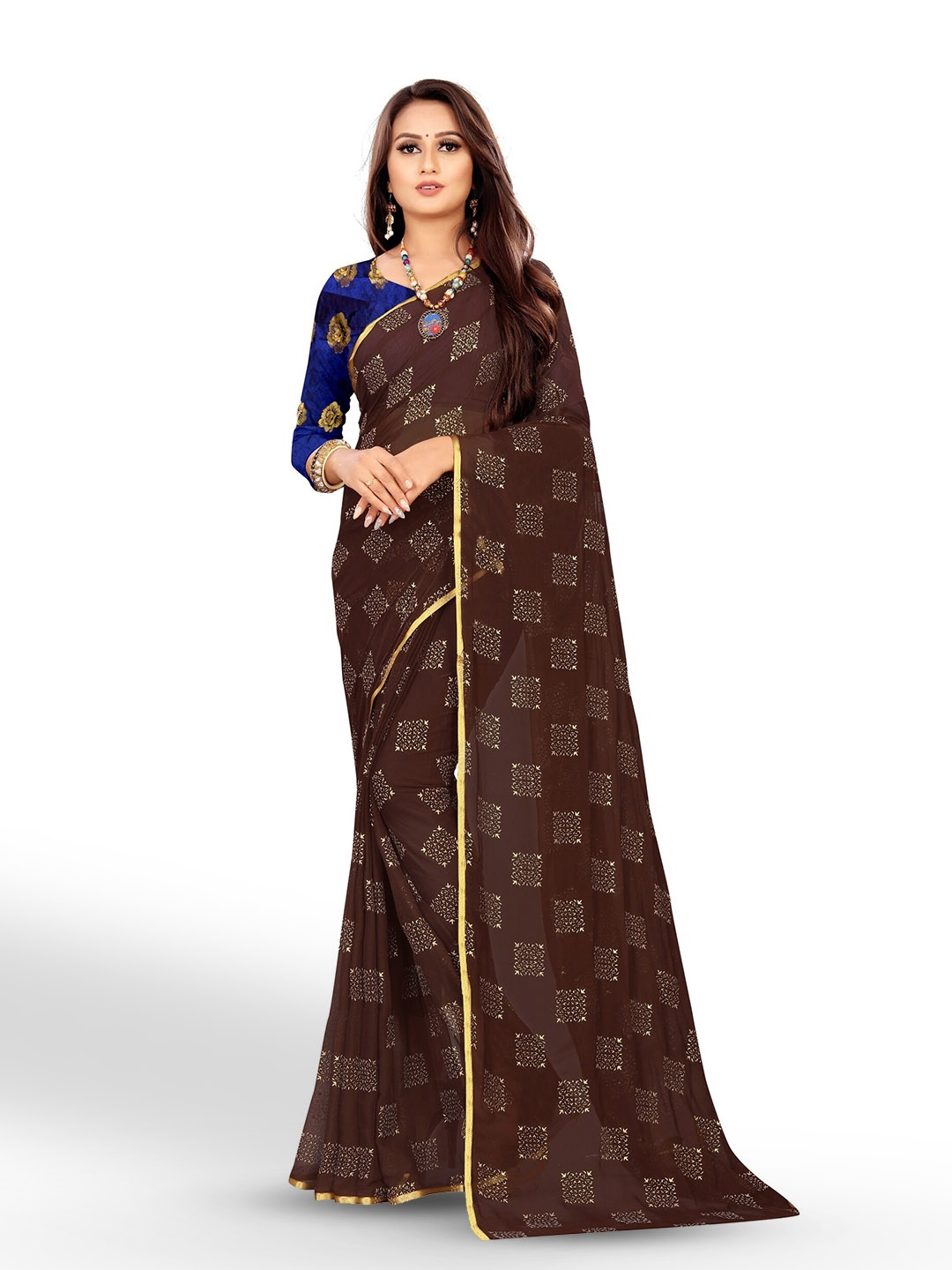 

Rhey Ethnic Motifs Printed Zari Festive Saree, Brown