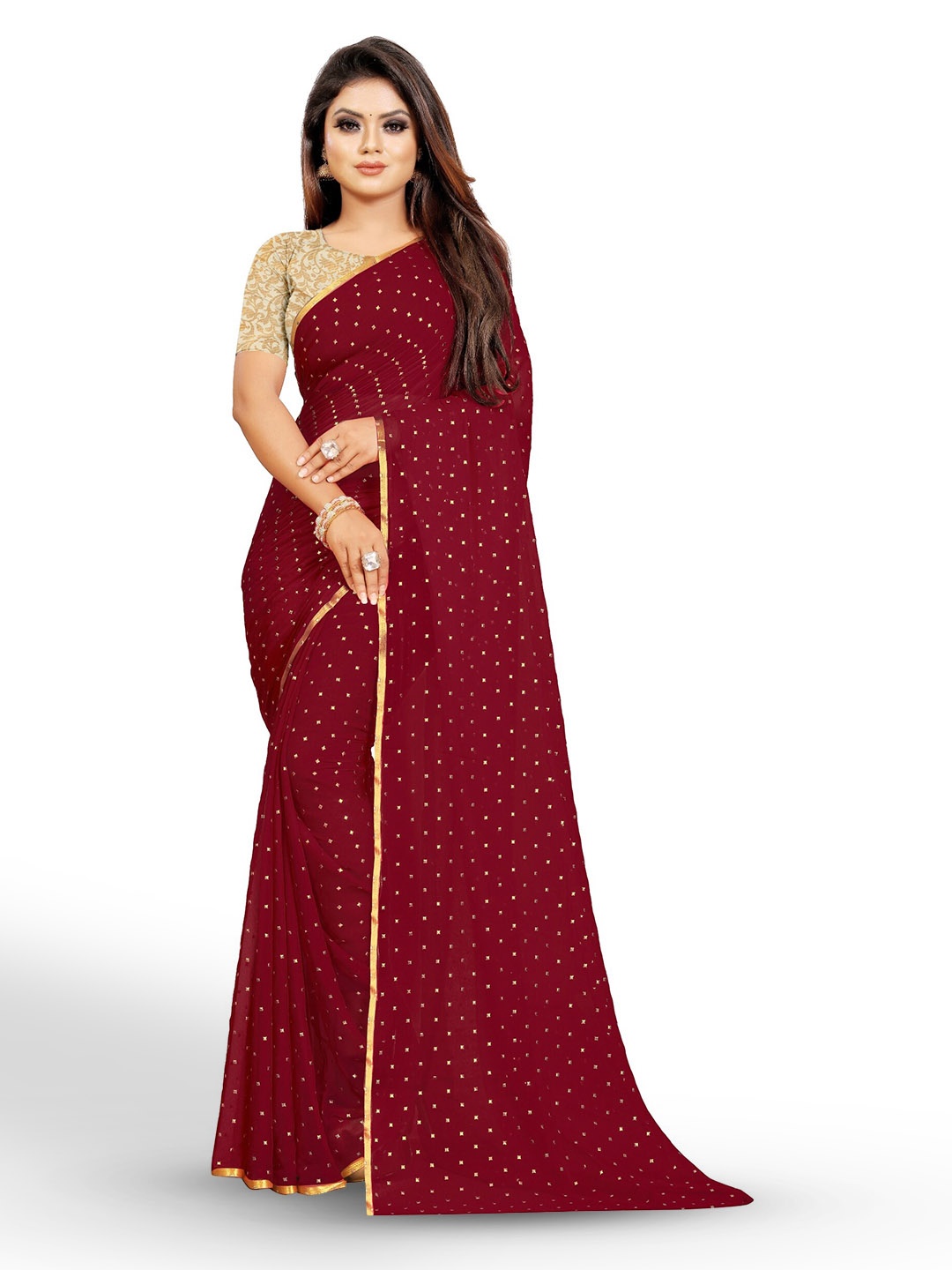 

Rhey Geometric Printed Zari Festive Saree, Maroon