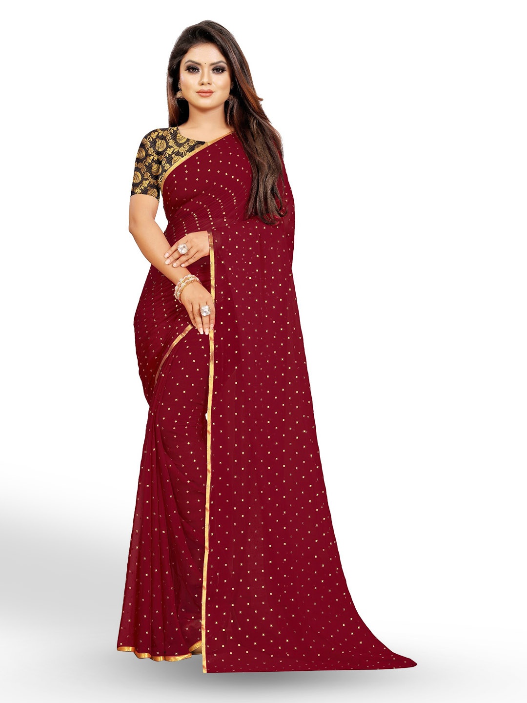 

Rhey Geometric Printed Zari Festive Saree, Maroon