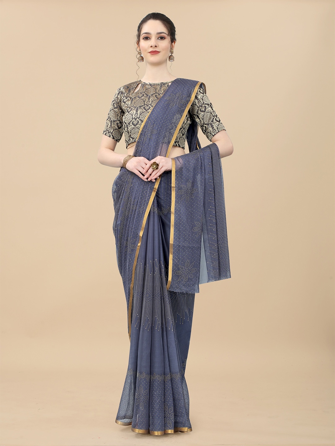

Rhey Grey & Gold-Toned Ethnic Motifs Zari Banarasi Saree