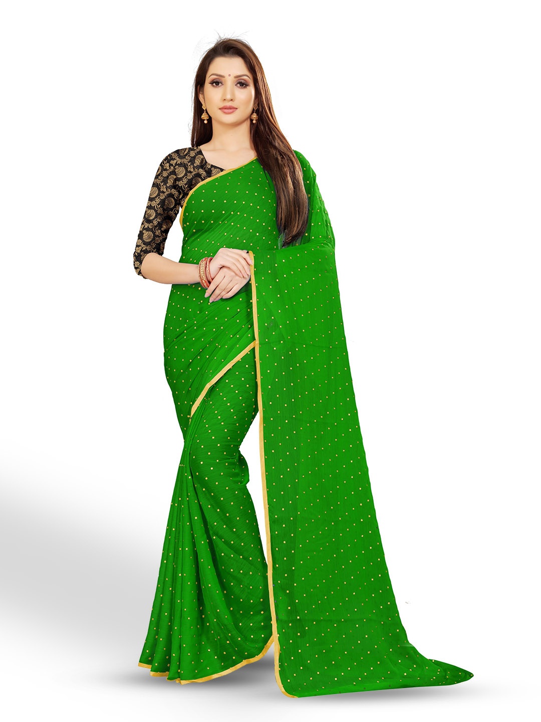 

Rhey Green & Gold-Toned Geometric Printed Zari Banarasi Saree