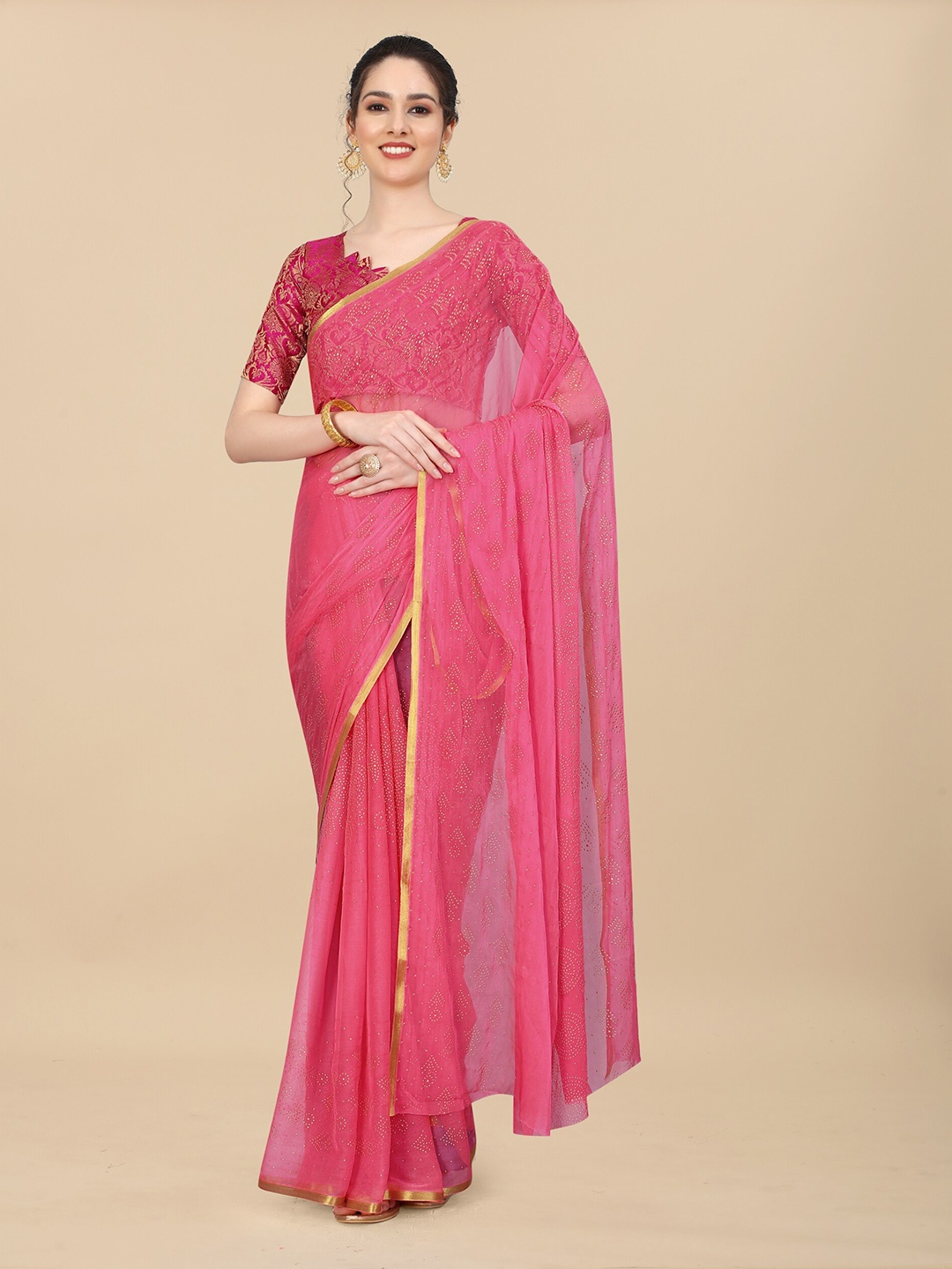 

Rhey Pink & Gold-Toned Ethnic Motifs Zari Banarasi Saree
