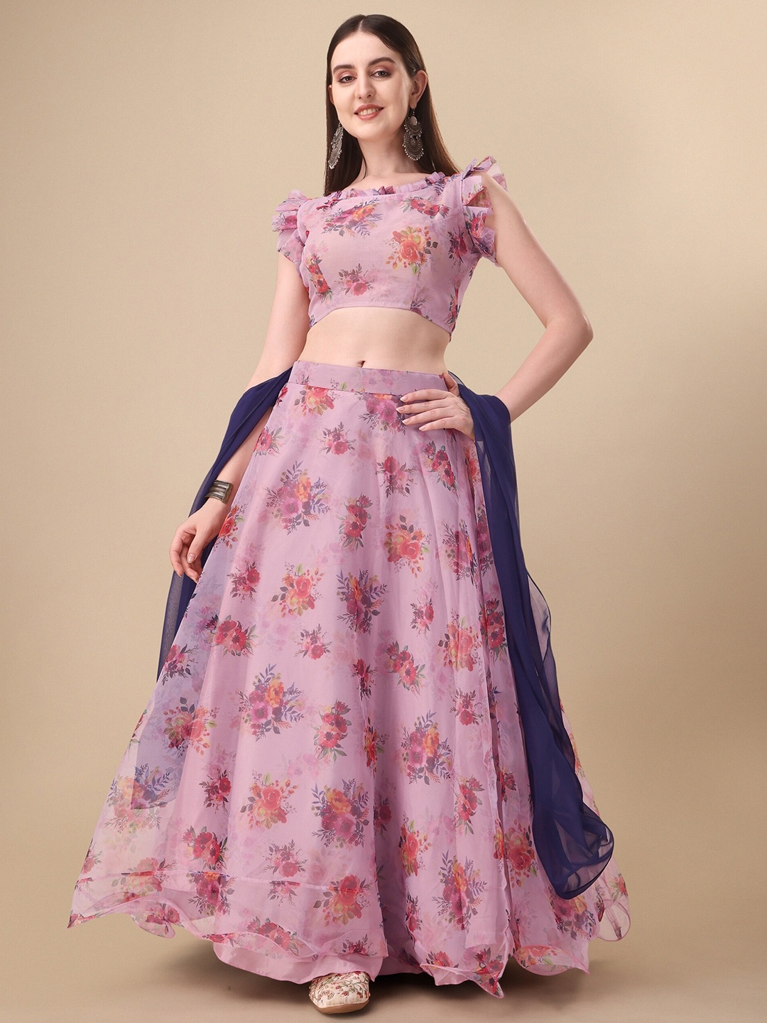 

Vaidehi Fashion Floral Printed Ready to Wear Lehenga & Unstitched Blouse With Dupatta, Pink