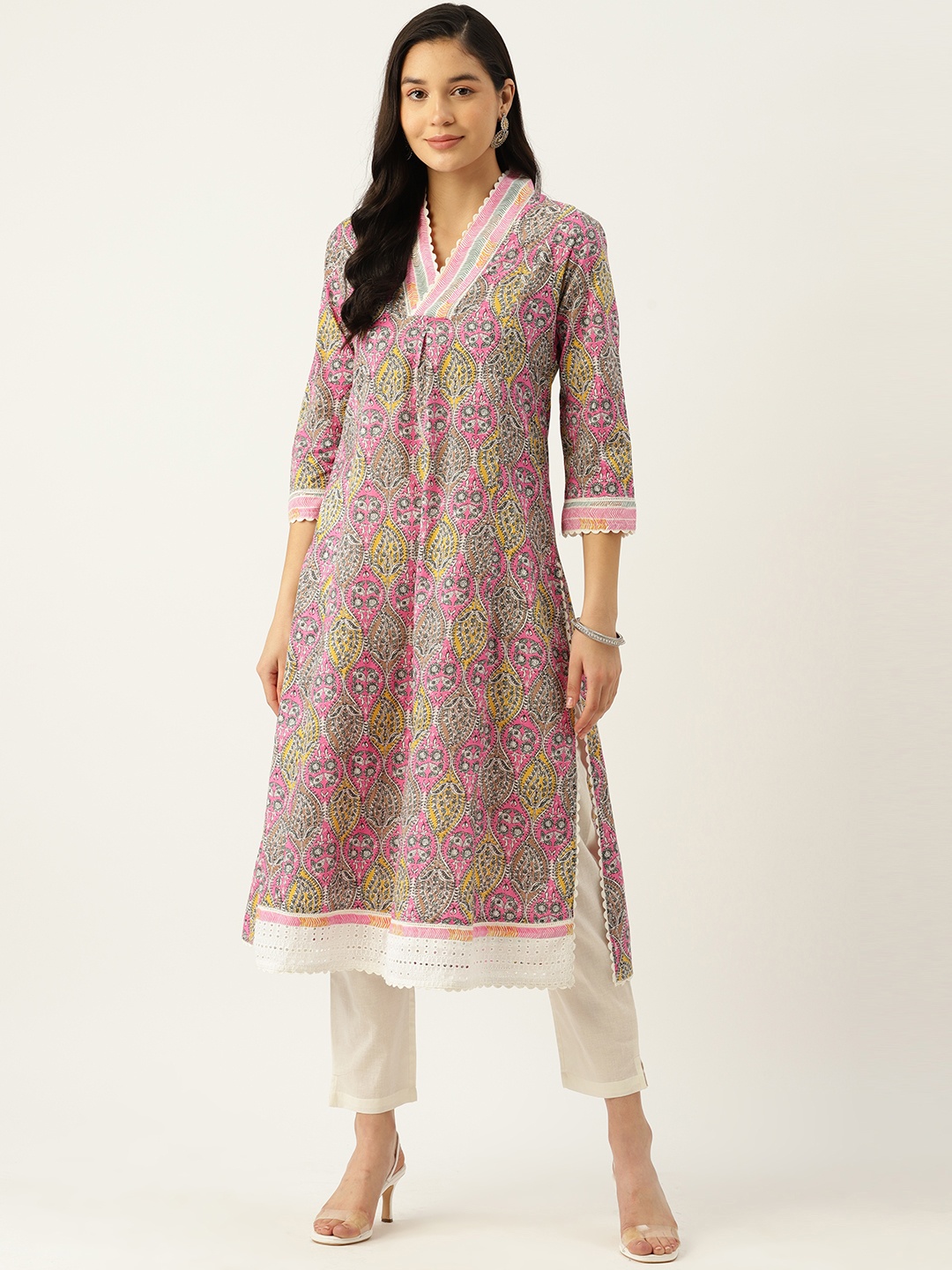 MISRI Floral Printed Regular Pure Cotton Kurta with Trousers, Pink