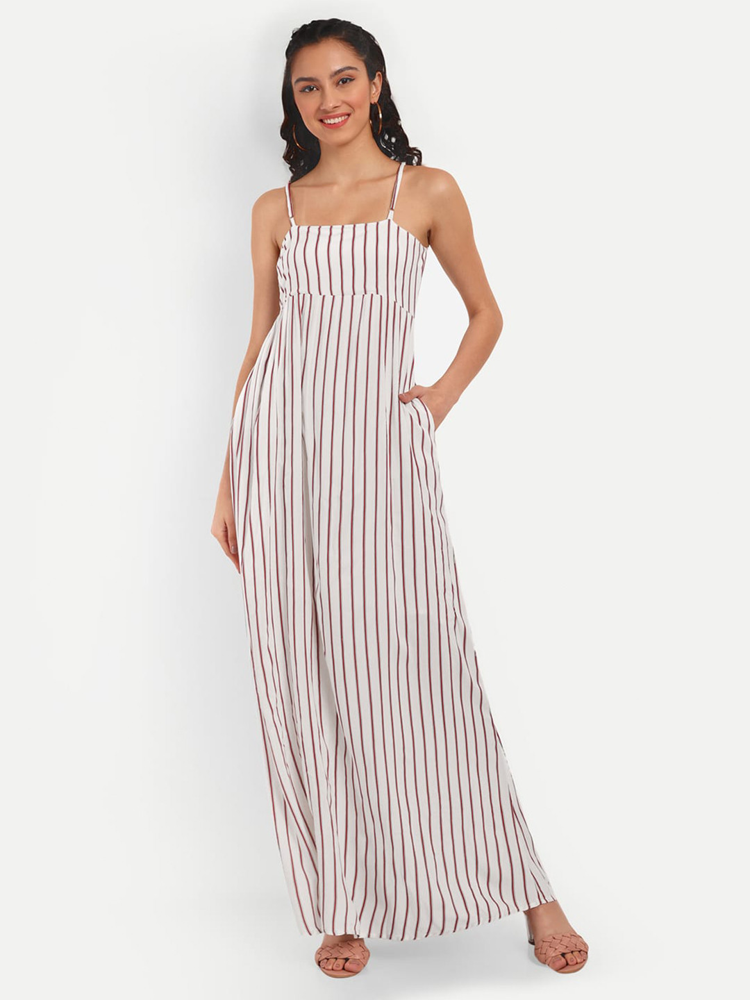 

OTORVA Striped Shoulder Straps Crepe Maxi Dress, White