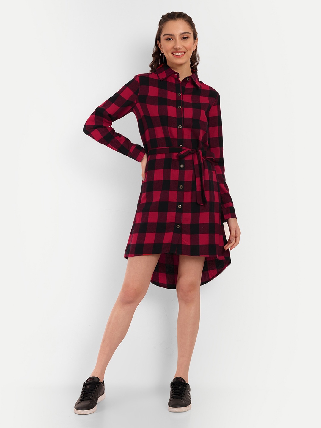 

OTORVA Checked Long Sleeves Tie-Up Crepe Shirt Dress, Red