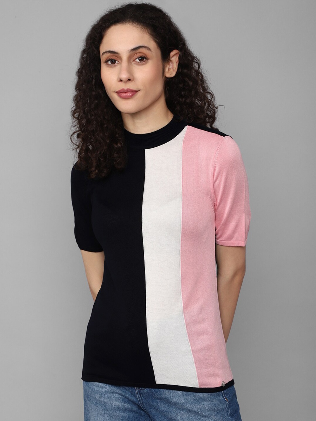 

Allen Solly Woman Colourblocked High Neck T-shirt, Black