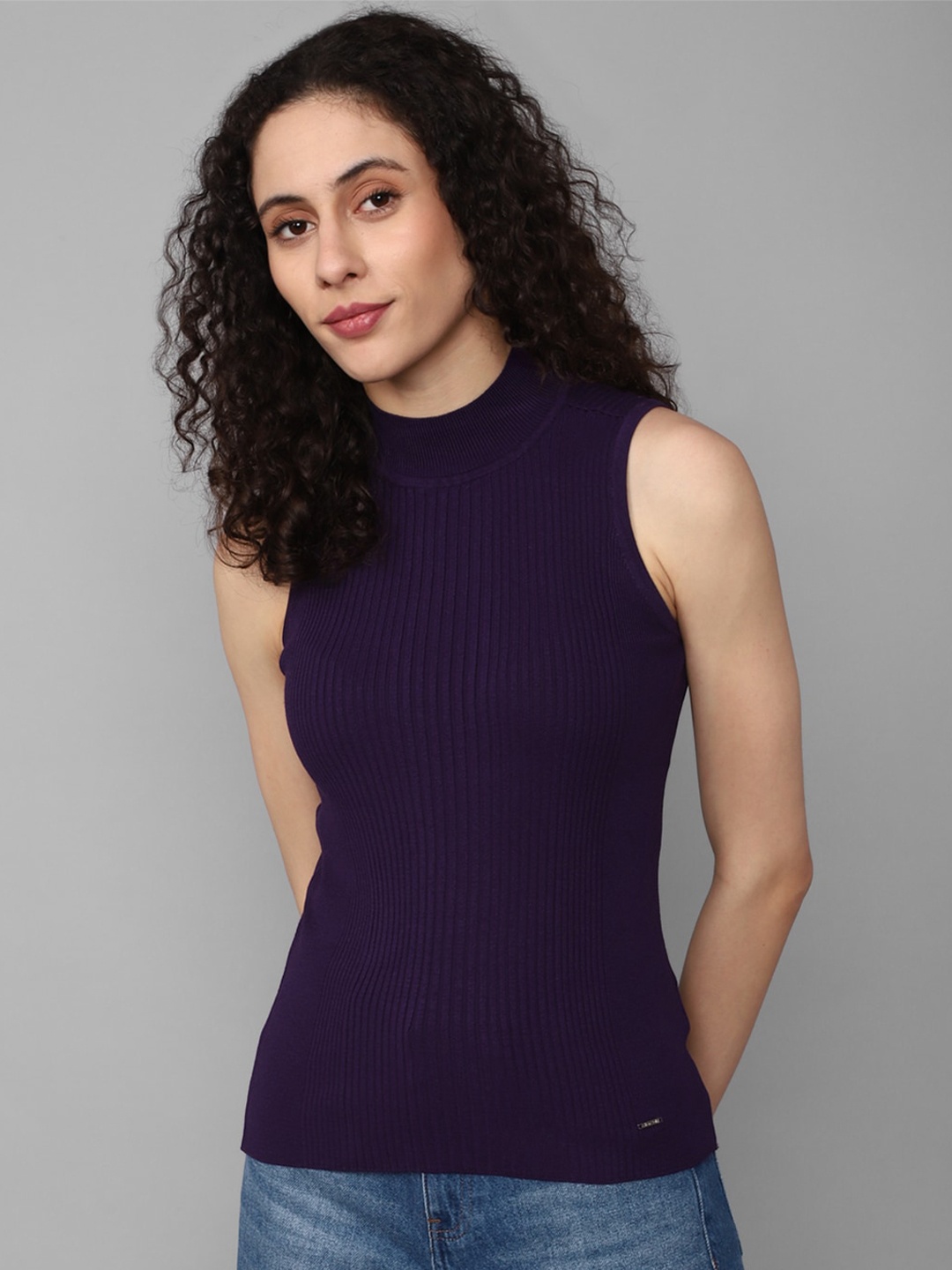 

Allen Solly Woman High Neck Ribbed Sleeveless Top, Purple