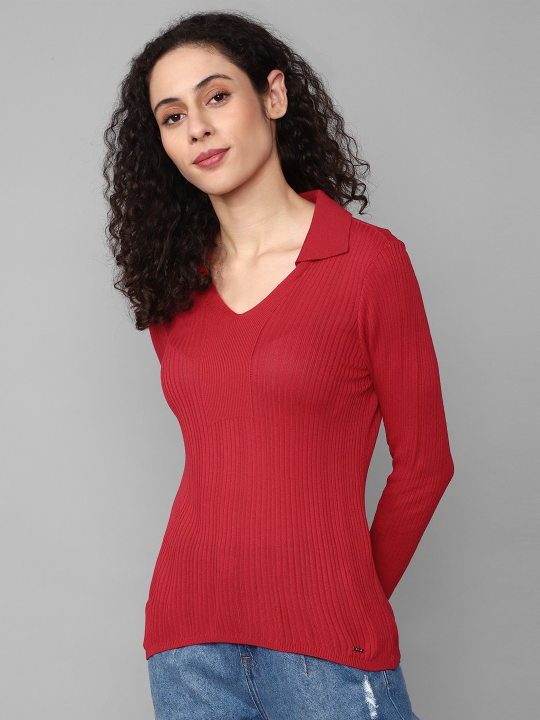 

Allen Solly Woman Long Sleeves Shirt Collar Ribbed Top, Red