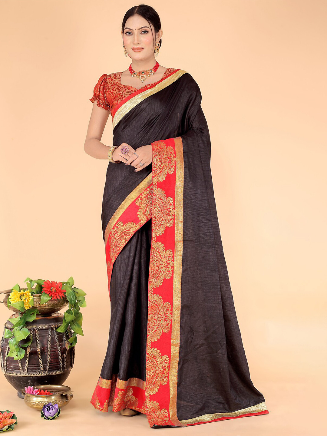 

Florence Zari Silk Blend Saree, Black