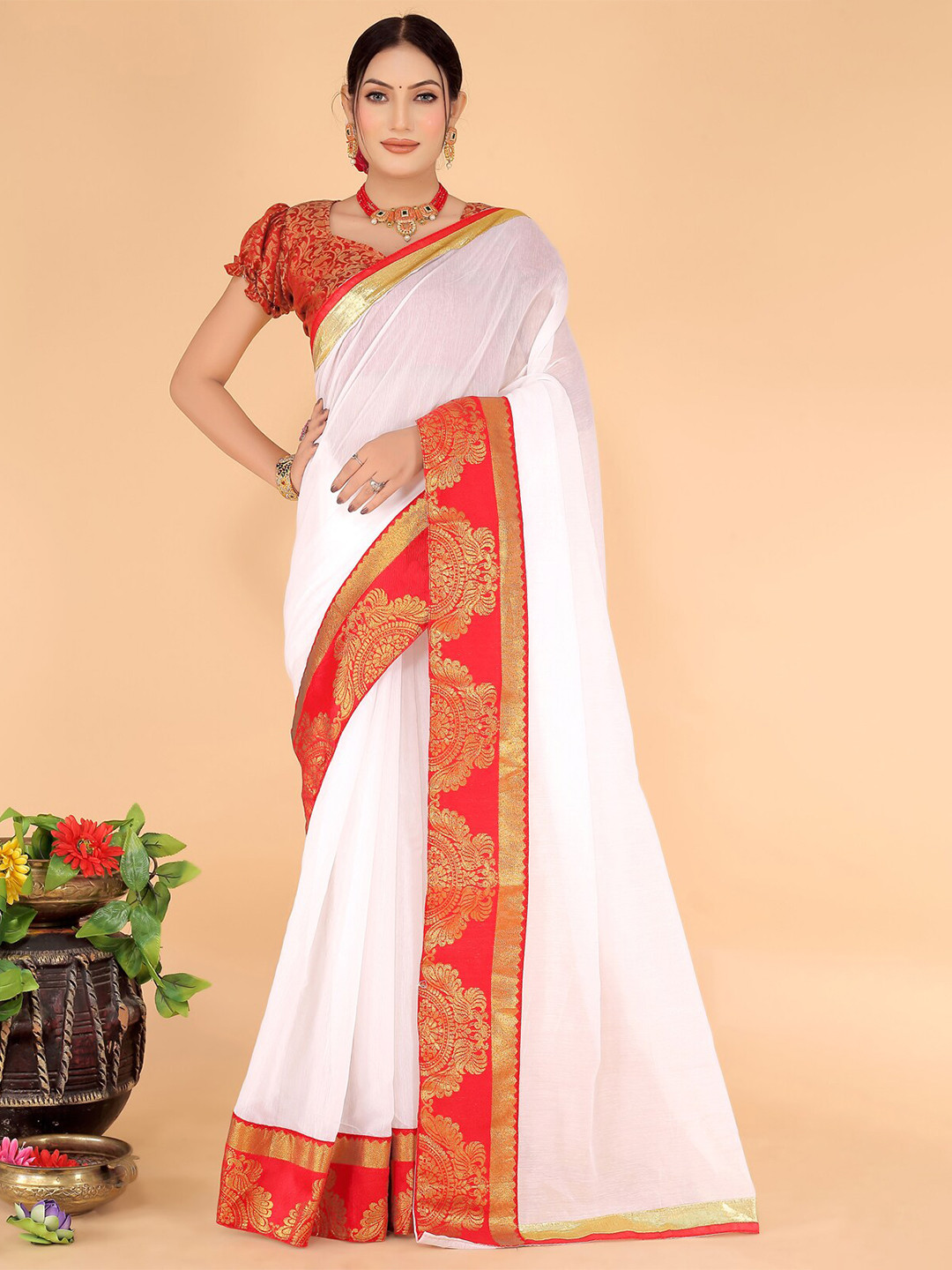 

Florence Zari Silk Blend Saree, White