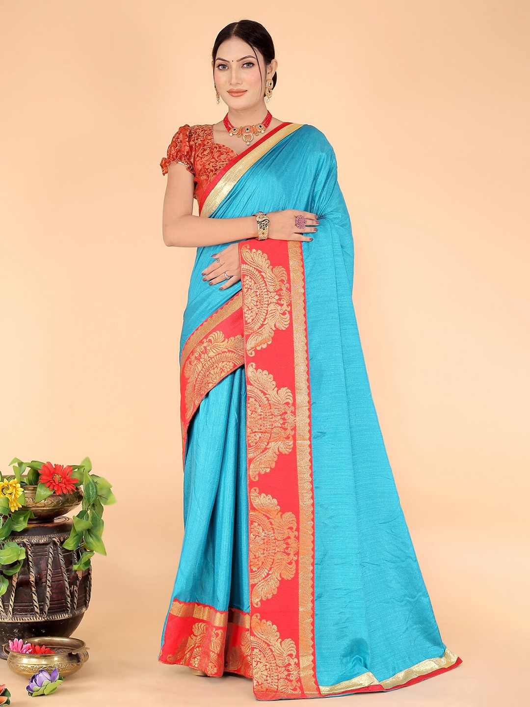 

Florence Zari Silk Blend Saree, Turquoise blue