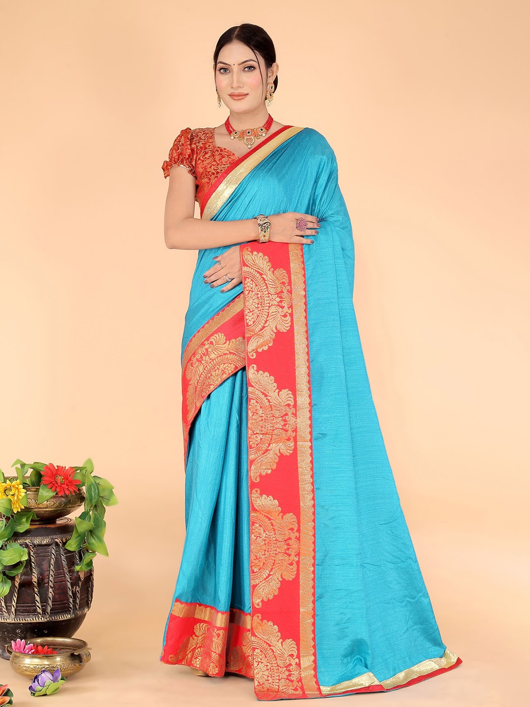 

KALINI Woven Border Zari Saree, Turquoise blue