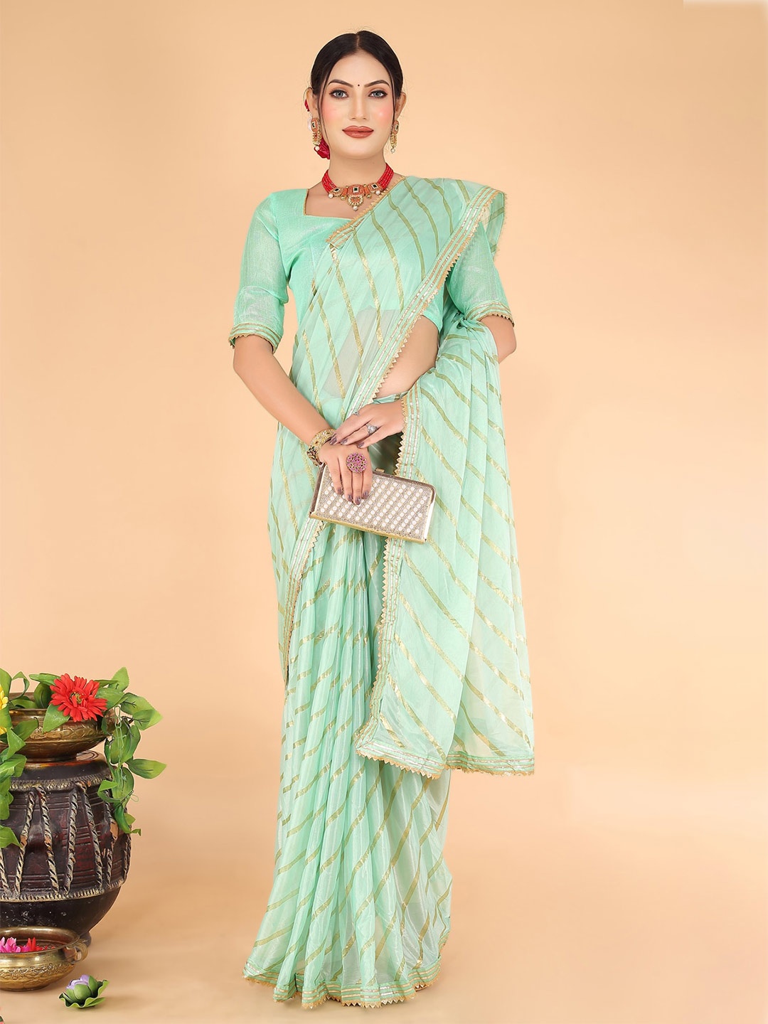 

Florence Striped Gotta Patti Saree, Green