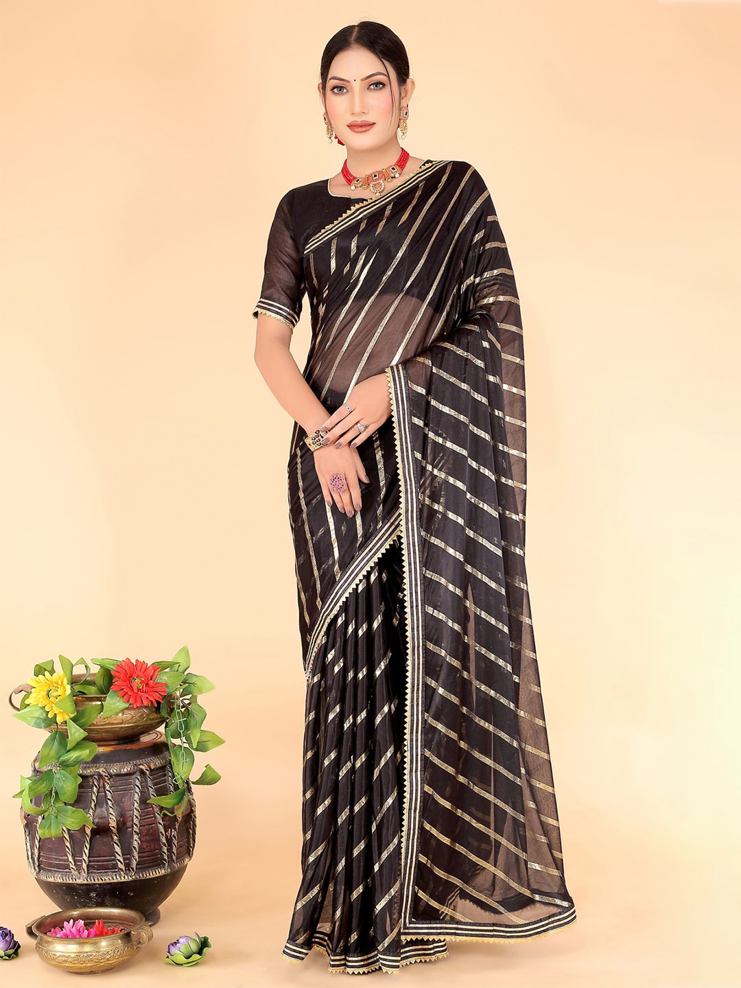 

Florence Striped Gotta Patti Saree, Black