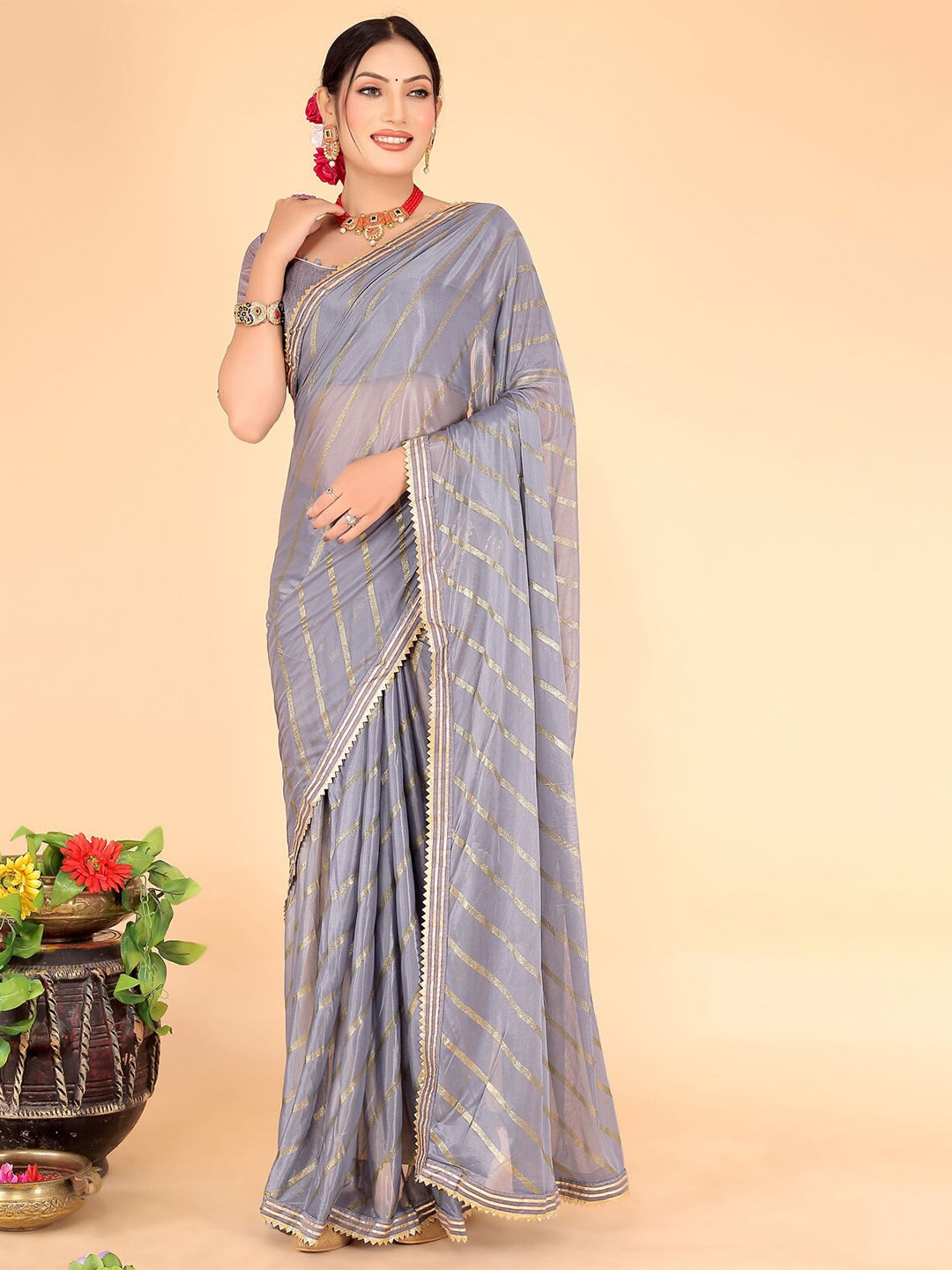 

Florence Striped Gotta Patti Saree, Grey