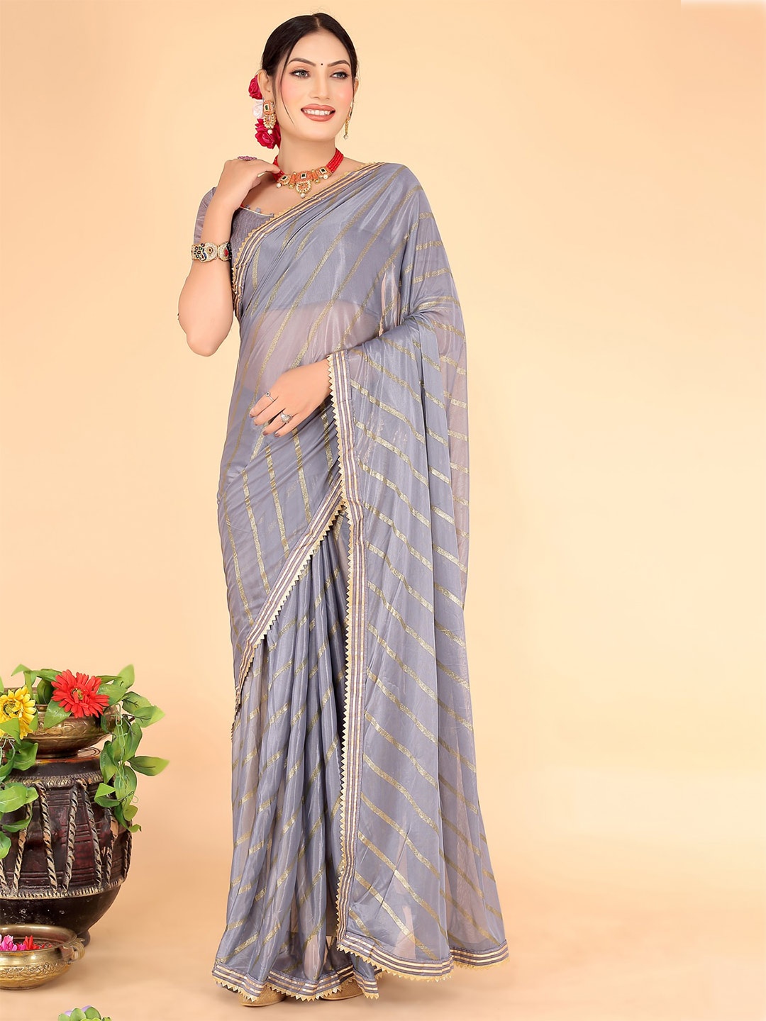 

KALINI Striped Gotta Patti Saree, Grey