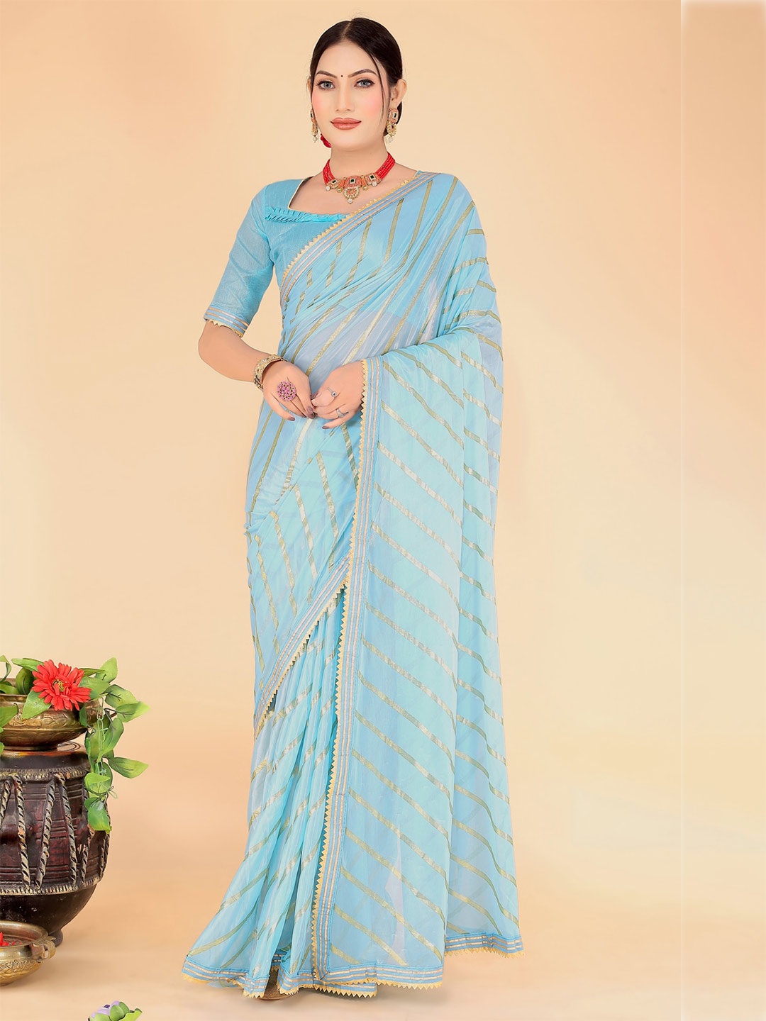 

KALINI Striped Gotta Patti Art Silk Saree, Turquoise blue