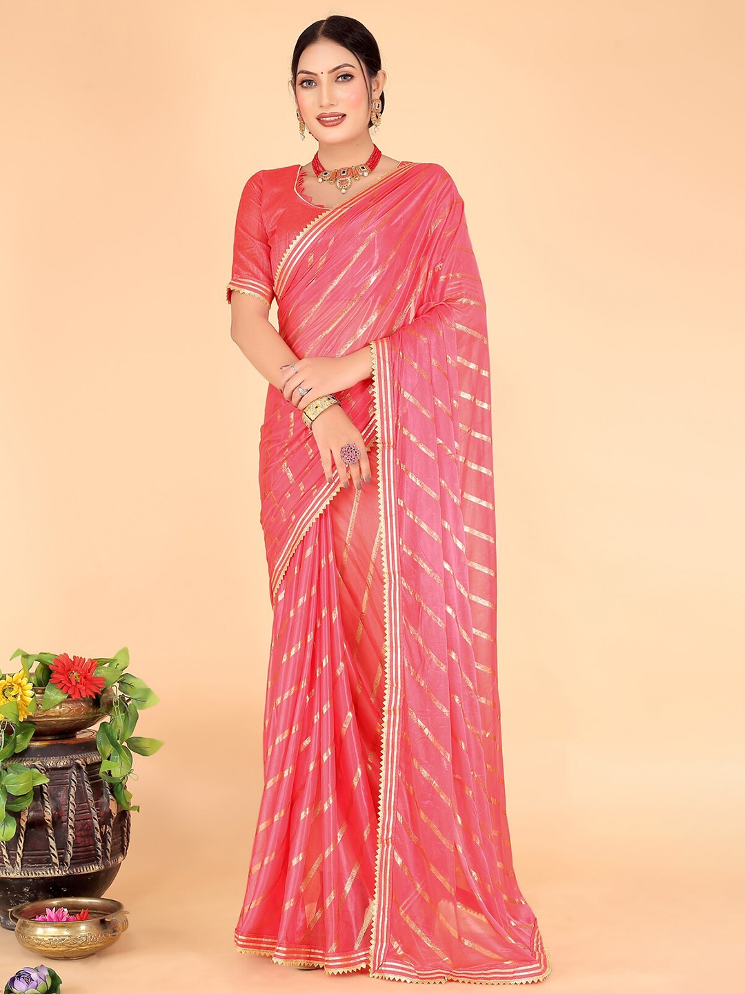 

KALINI Striped Gotta Patti Art Silk Saree, Peach