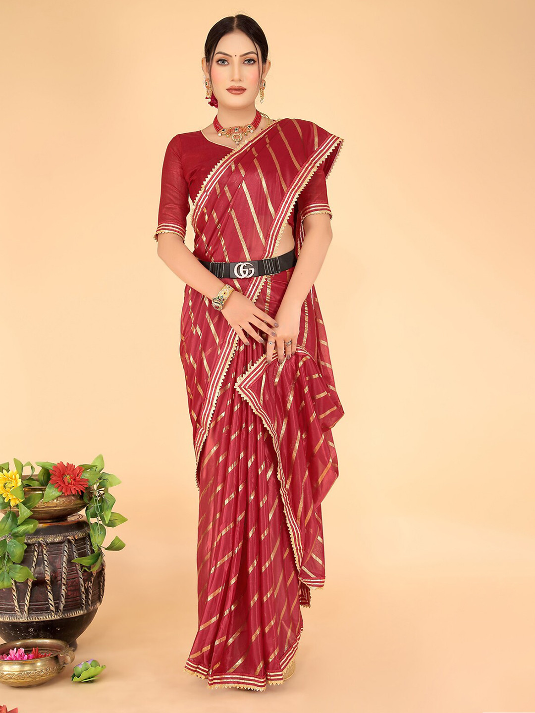 

KALINI Striped Gotta Patti Art Silk Saree, Red
