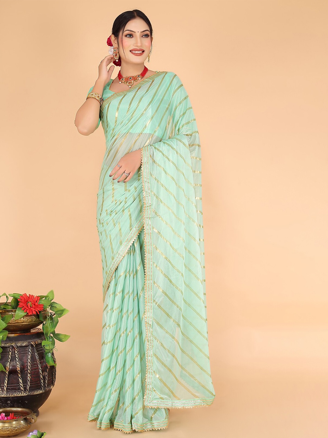 

KALINI Striped Gotta Patti Art Silk Saree, Green