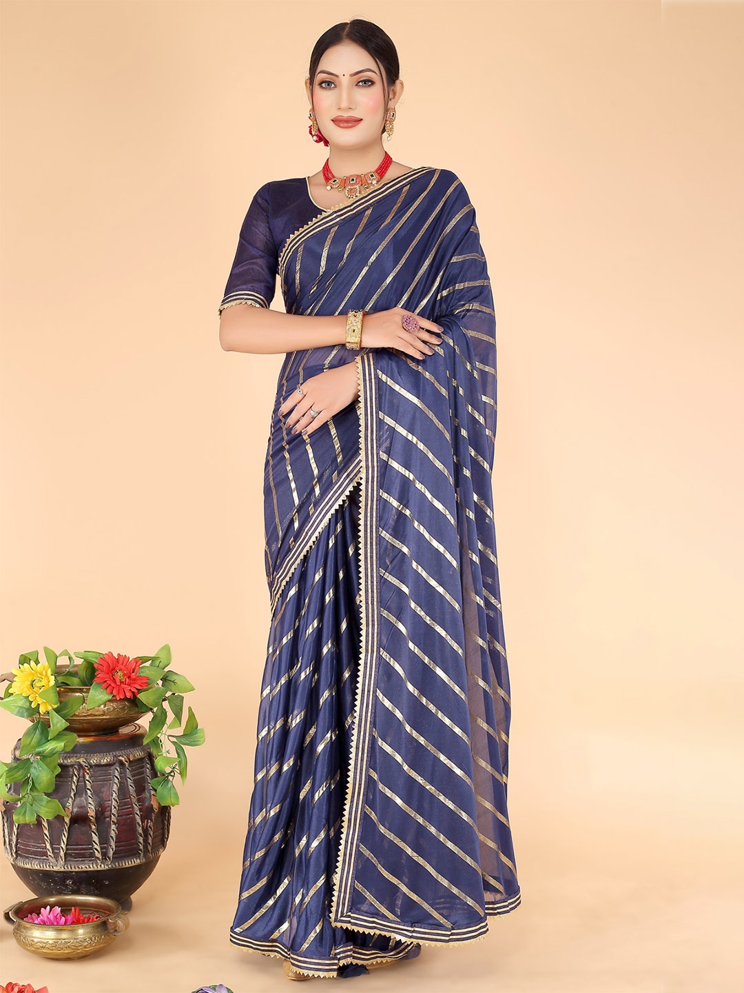 

KALINI Striped Gotta Patti Art Silk Saree, Navy blue