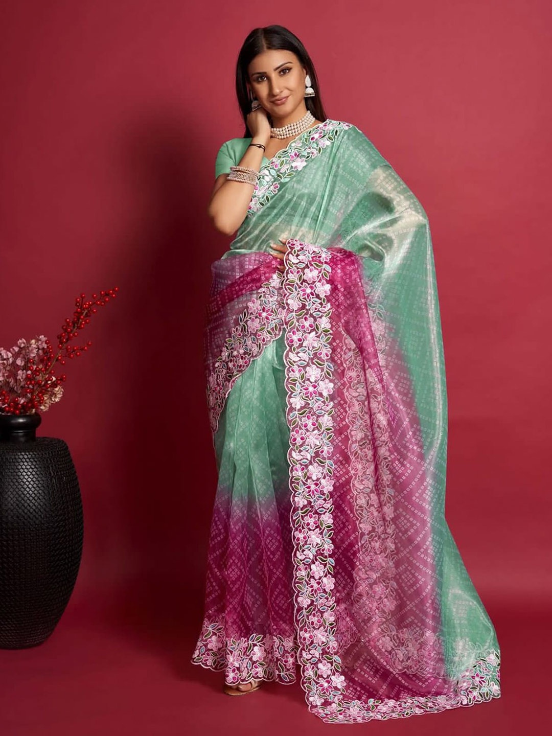 

ODETTE Bandhani Embroidered Organza Saree, Sea green
