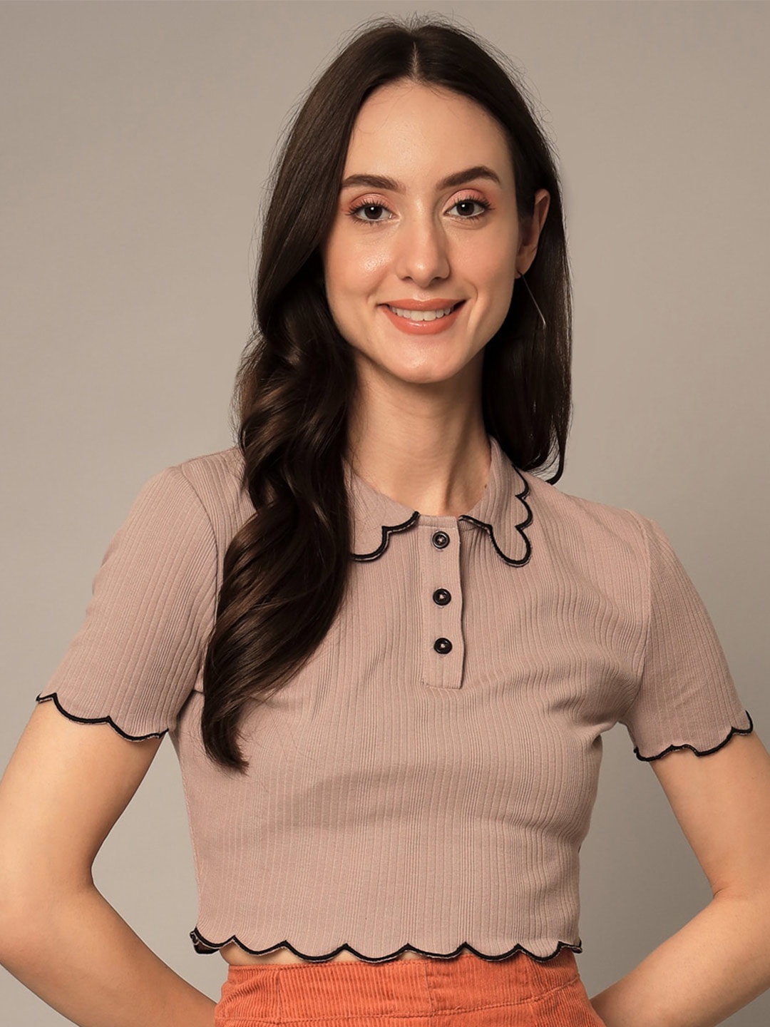

Yaadleen Striped Pure Cotton Shirt Style Crop Top, Grey