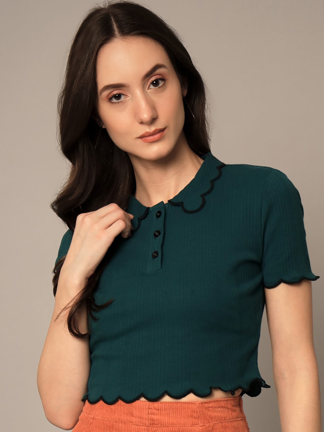 

Yaadleen Pure Cotton Shirt Style Embroidered Crop Top, Green