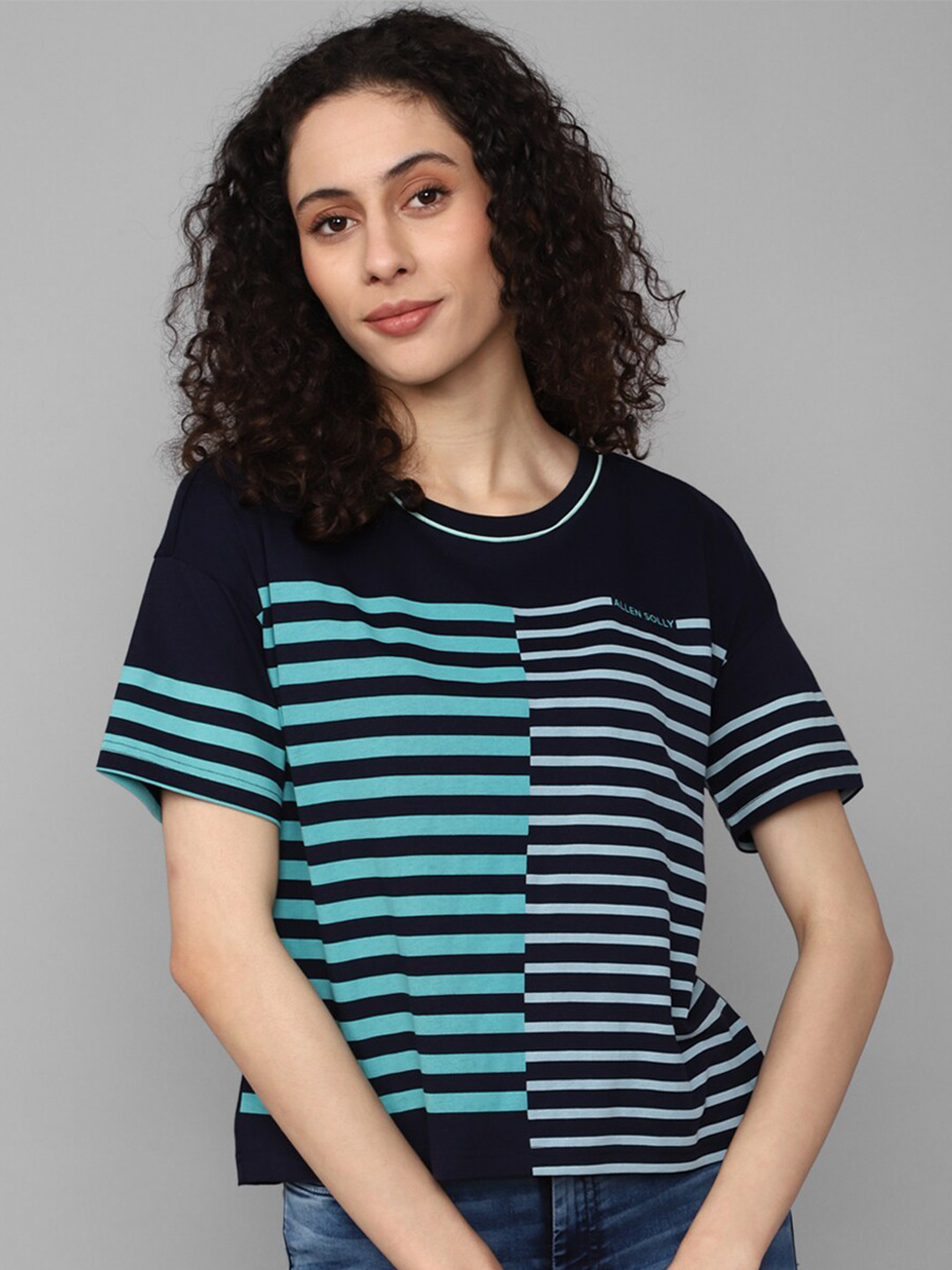 

Allen Solly Woman Striped Drop Shoulder Pure Cotton T-shirt, Black