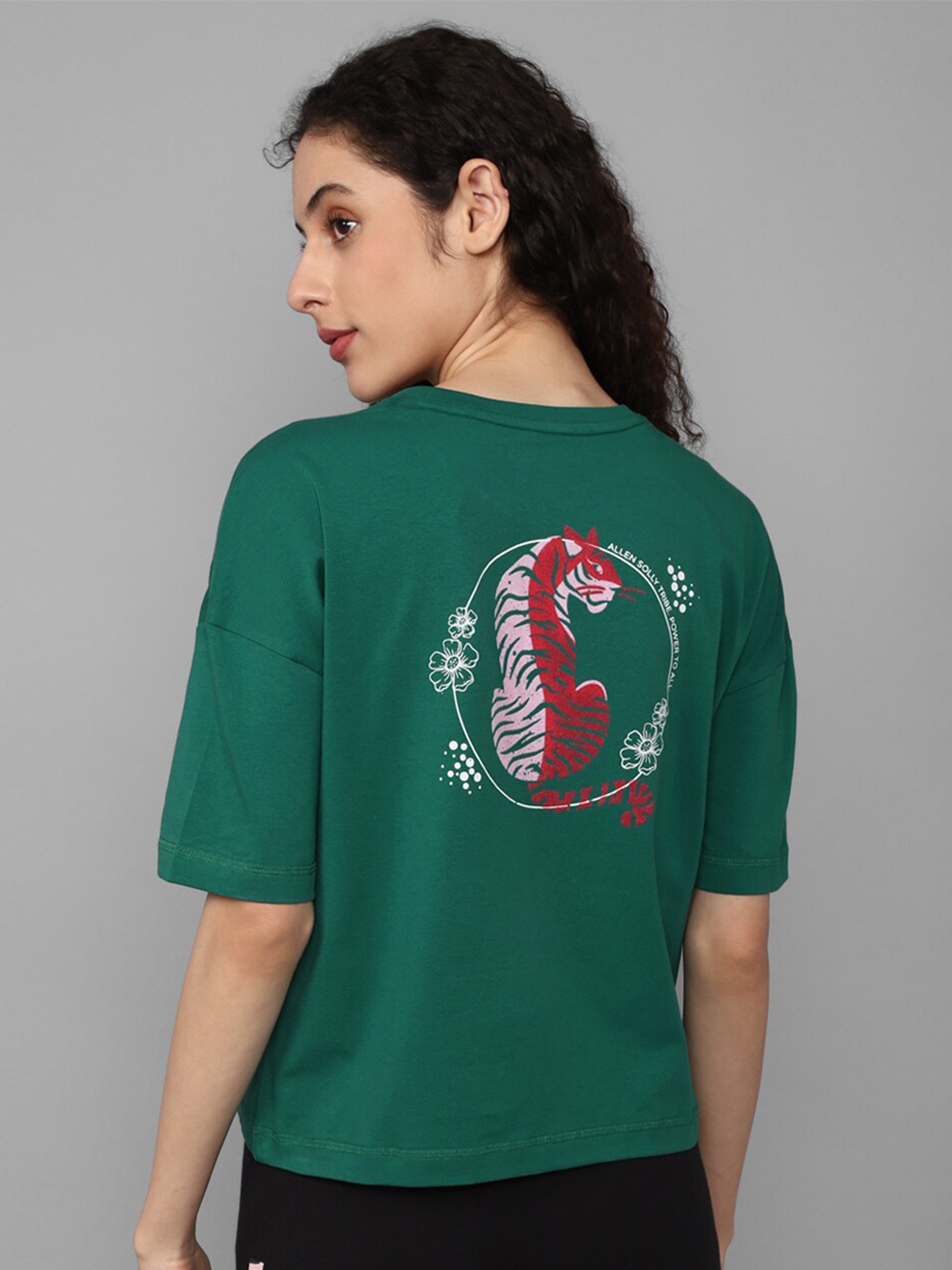 

Allen Solly Woman Graphic Printed Drop-Shoulder Cut-Outs T-shirt, Olive