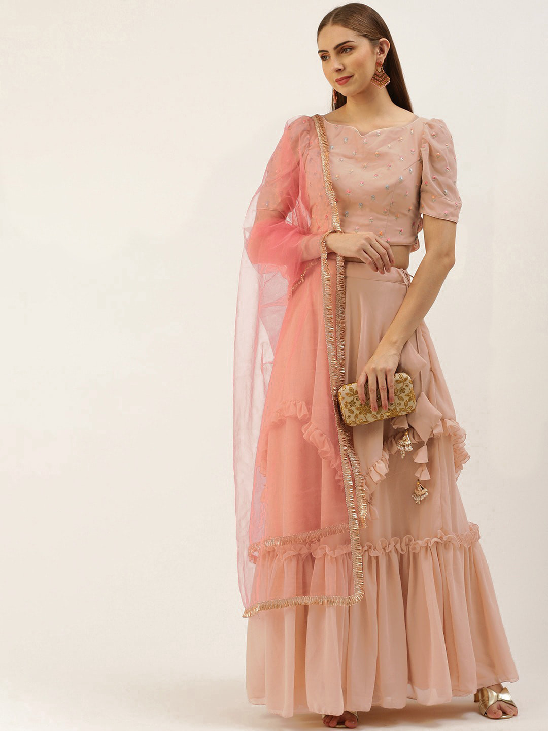 

Ethnovog Embroidered Thread Work Ready to Wear Lehenga & Blouse With Dupatta, Beige