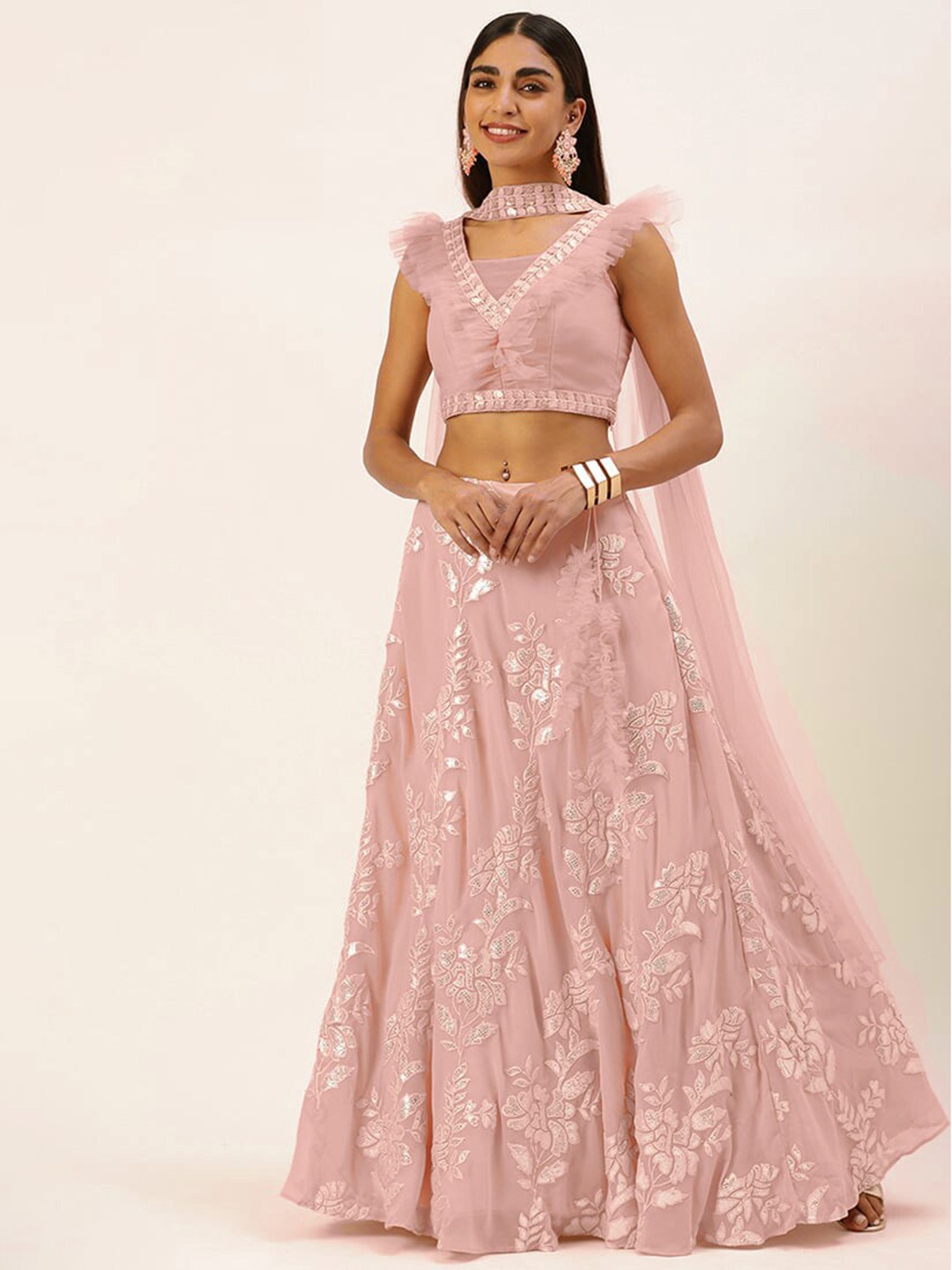 

Ethnovog Thread Work Ready to Wear Lehenga & Blouse With Dupatta, Pink