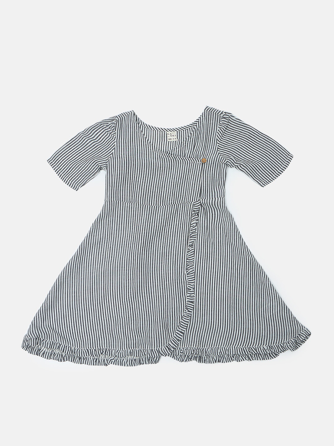 

Saaki Girls Striped Ruffled Monochrome Cotton Wrap Dress, White