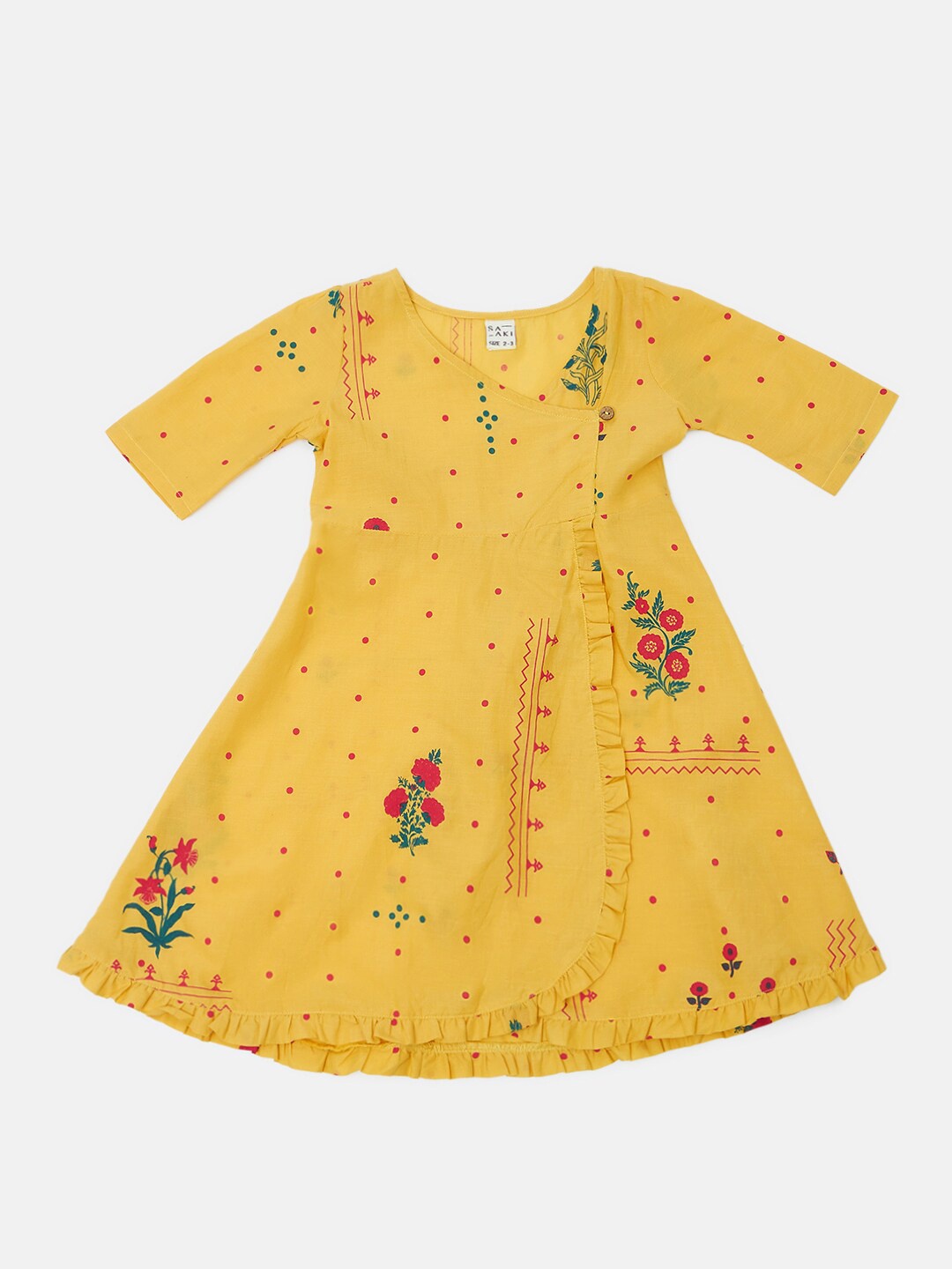 

Saaki Girls Floral Printed Ruffled Cotton Wrap Dress, Yellow